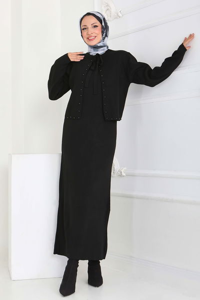 İncili Bolero Elbise Triko Takım - 27928-SIYAH 