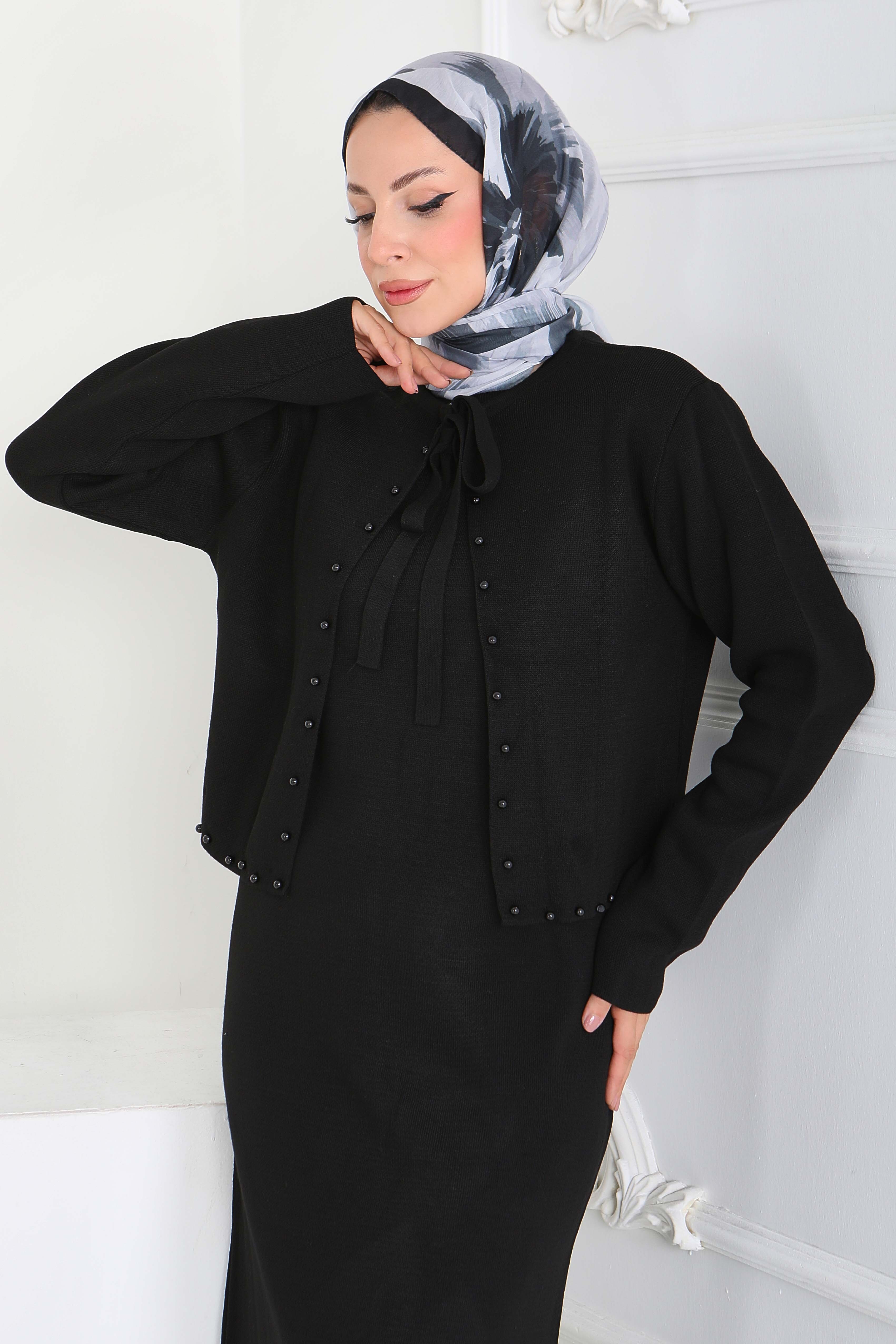 İncili Bolero Elbise Triko Takım - 27928-SIYAH - 2