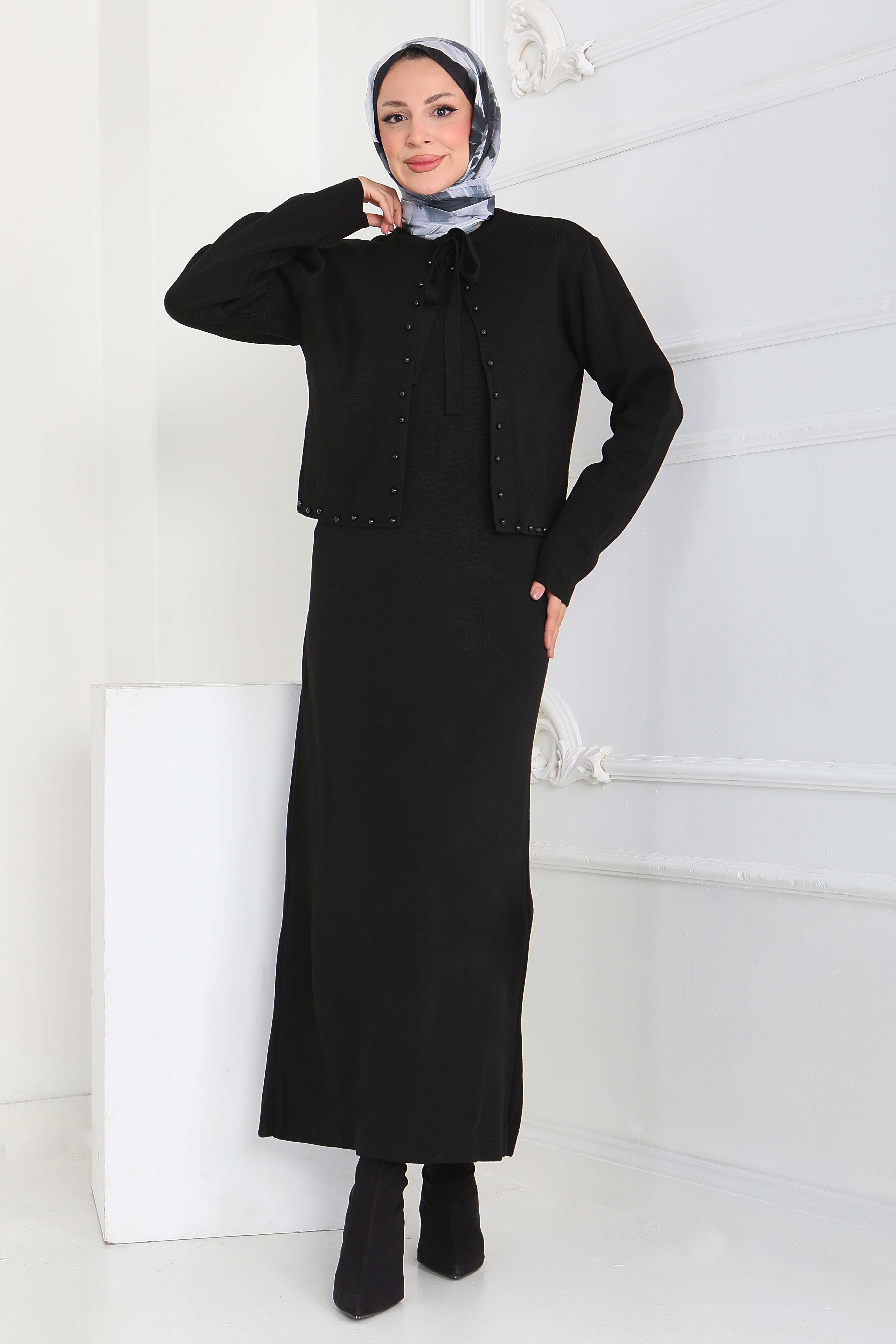 İncili Bolero Elbise Triko Takım - 27928-SIYAH - 3
