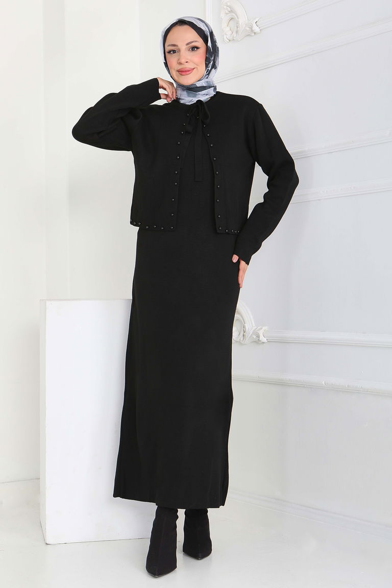 İncili Bolero Elbise Triko Takım - 27928-SIYAH - TOFİSA