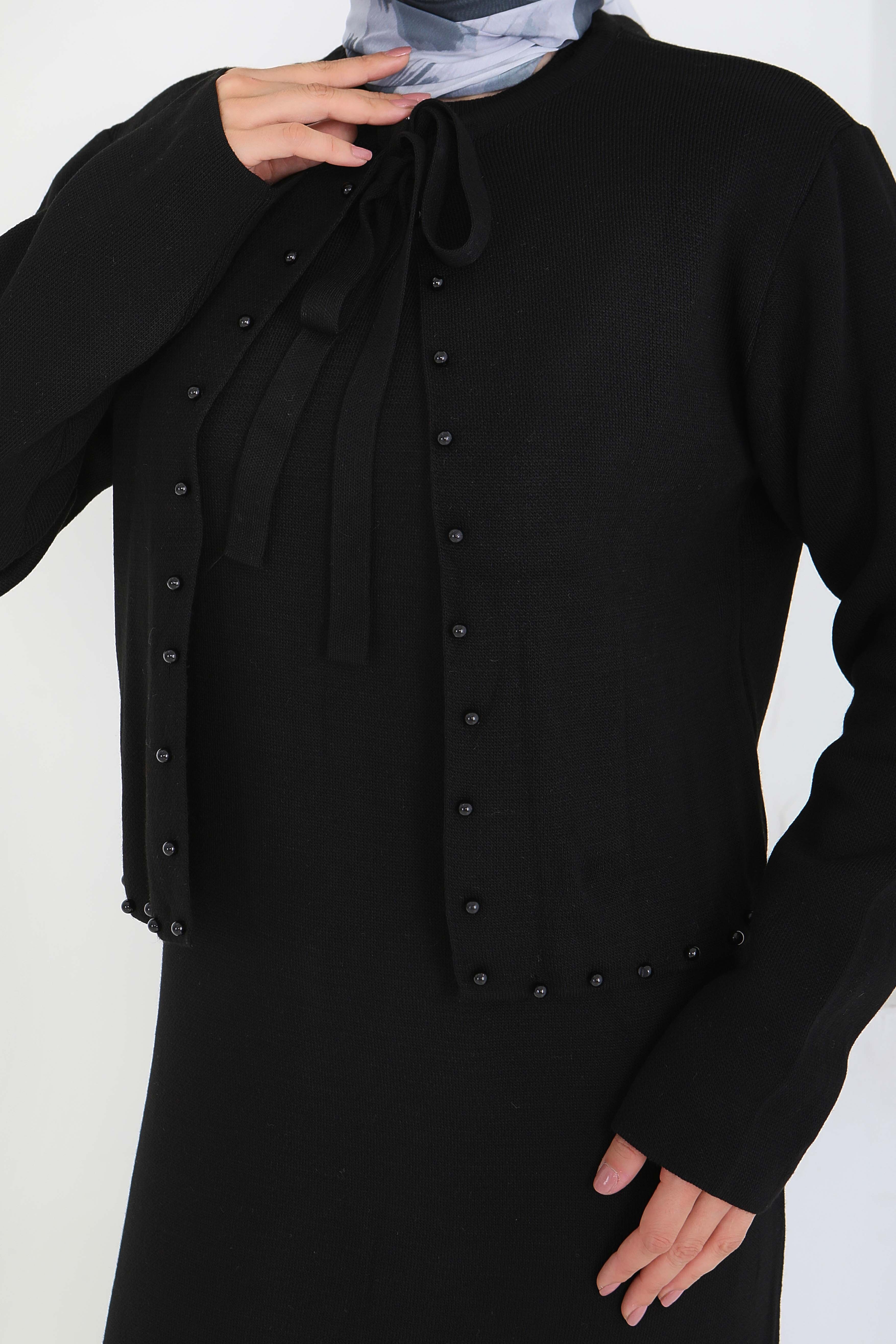 İncili Bolero Elbise Triko Takım - 27928-SIYAH - 4