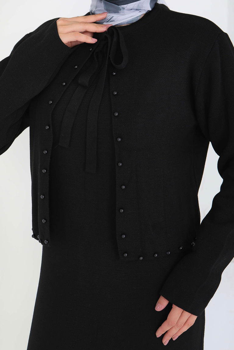 İncili Bolero Elbise Triko Takım - 27928-SIYAH - TOFİSA