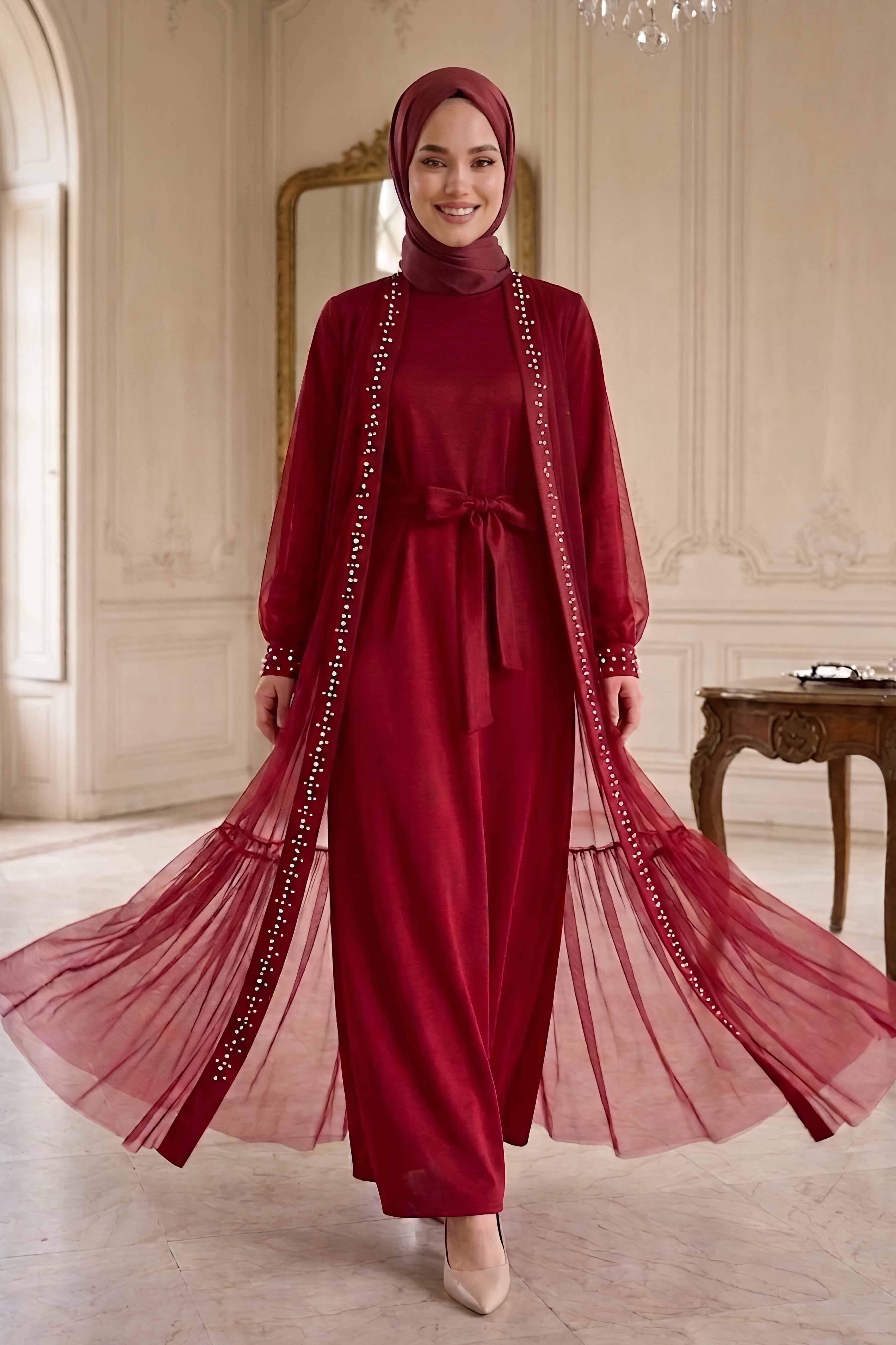 İncili Taşlı İkili Takım Bordo - 28787-BORDO - 1