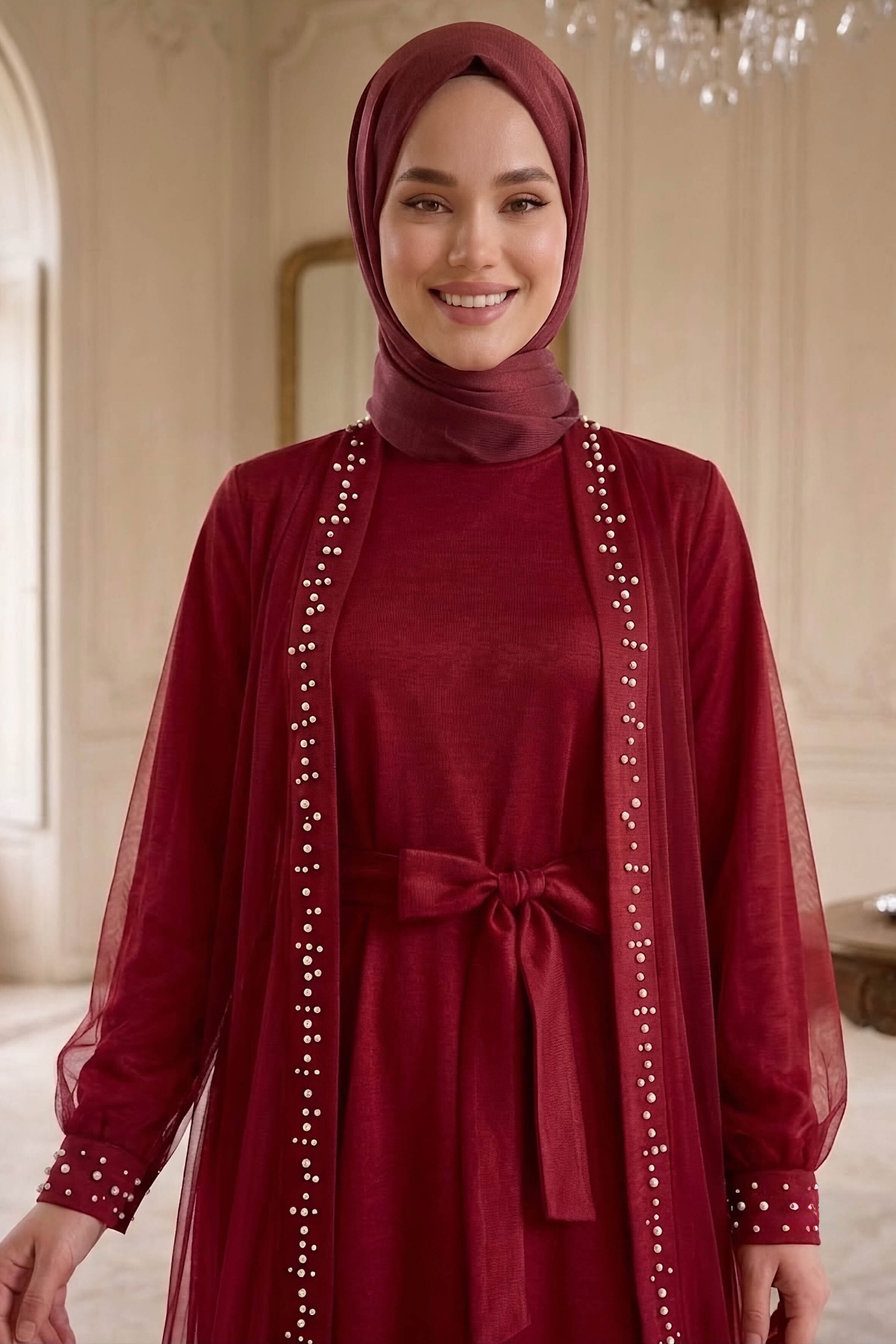 İncili Taşlı İkili Takım Bordo - 28787-BORDO - 2