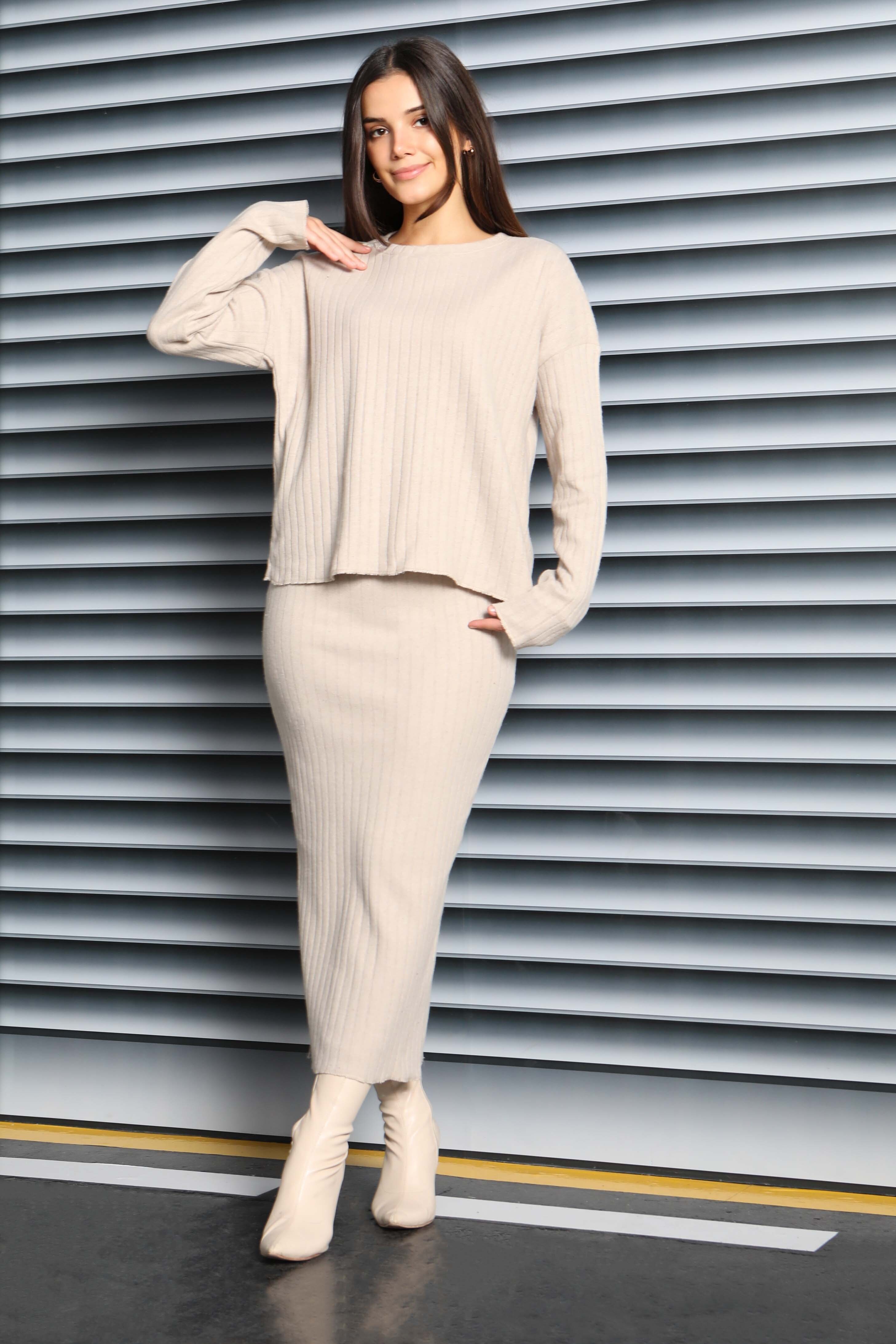İnterlok Bluz Etekli Takım - 27814-BEJ - 4