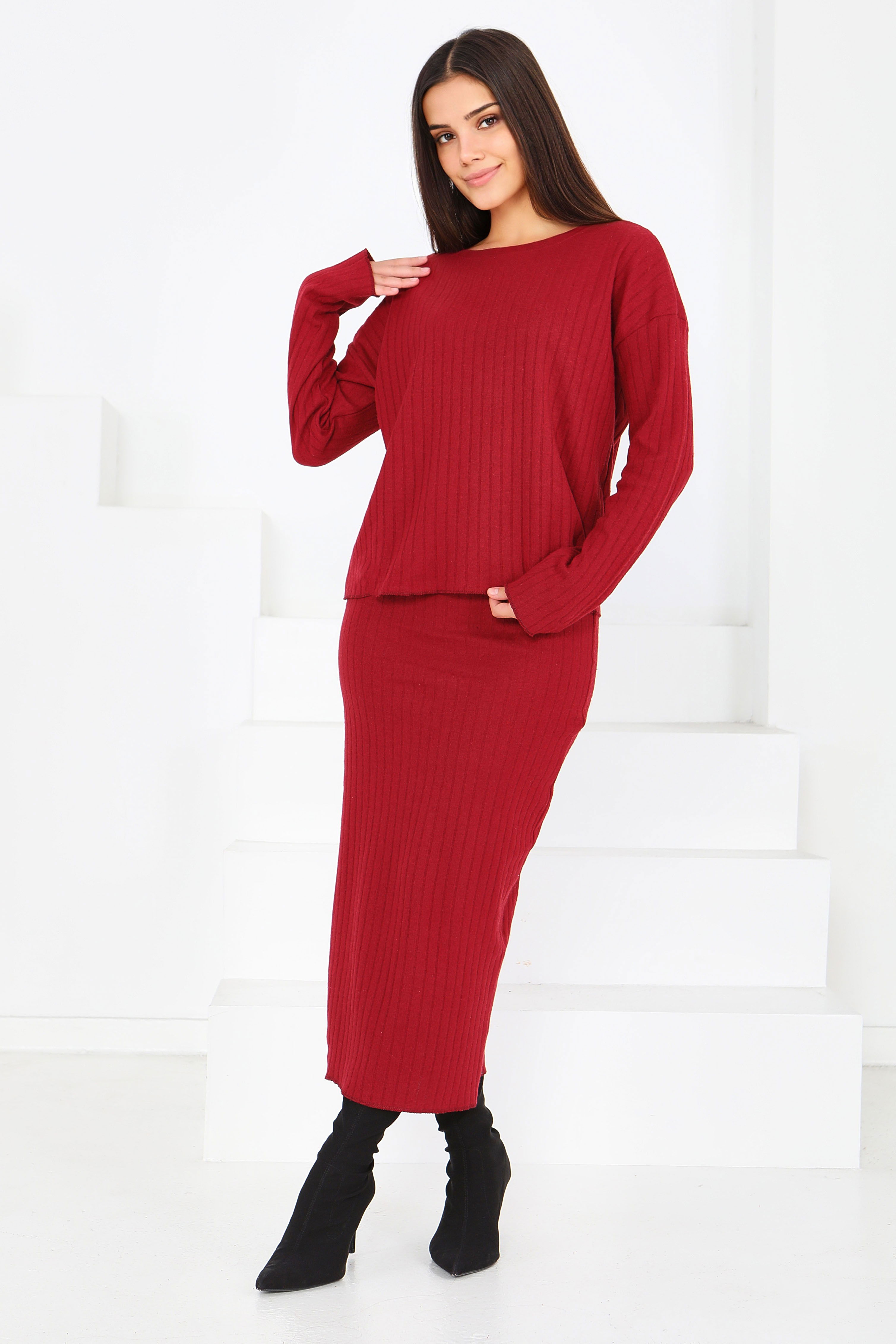 İnterlok Bluz Etekli Takım - 27814-BORDO - 2