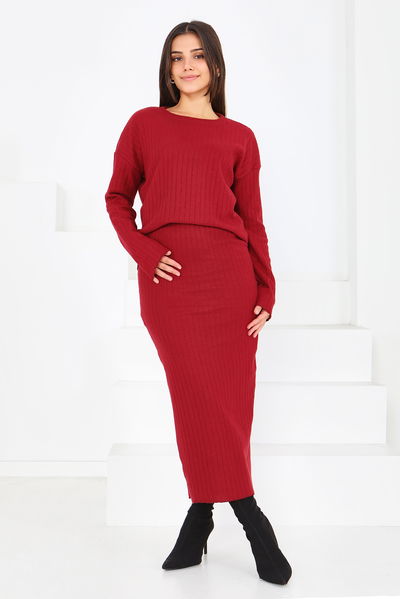 İnterlok Bluz Etekli Takım - 27814-BORDO 