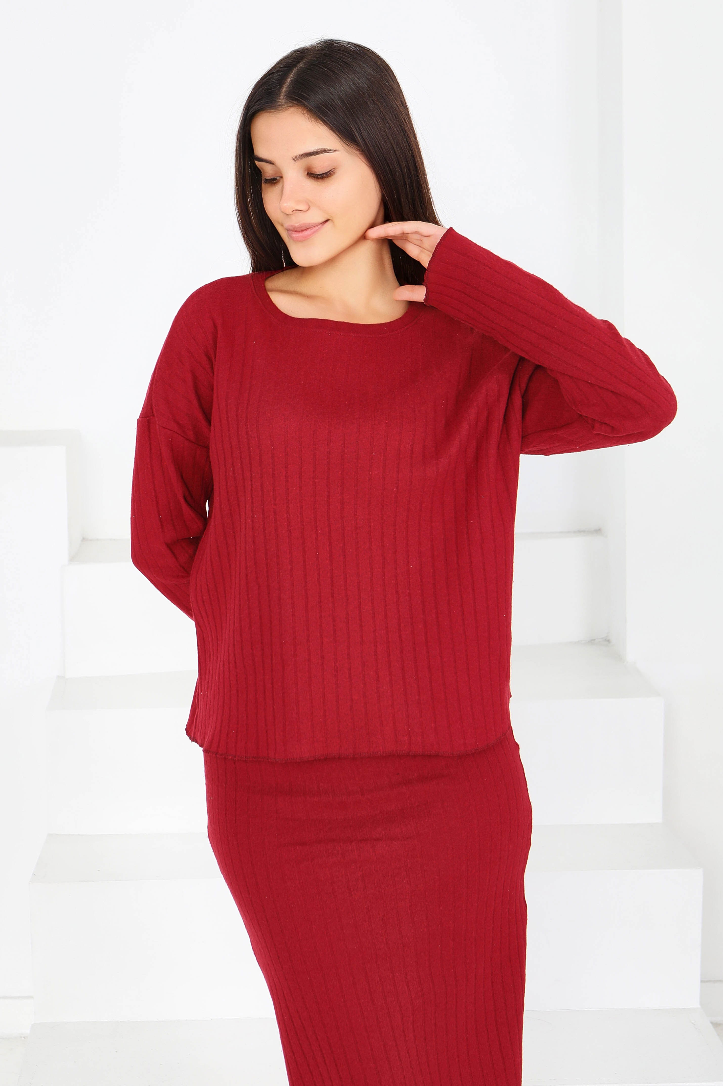 İnterlok Bluz Etekli Takım - 27814-BORDO - 3