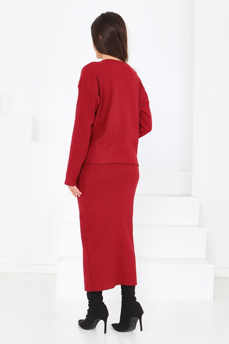 İnterlok Bluz Etekli Takım - 27814-BORDO - TOFİSA