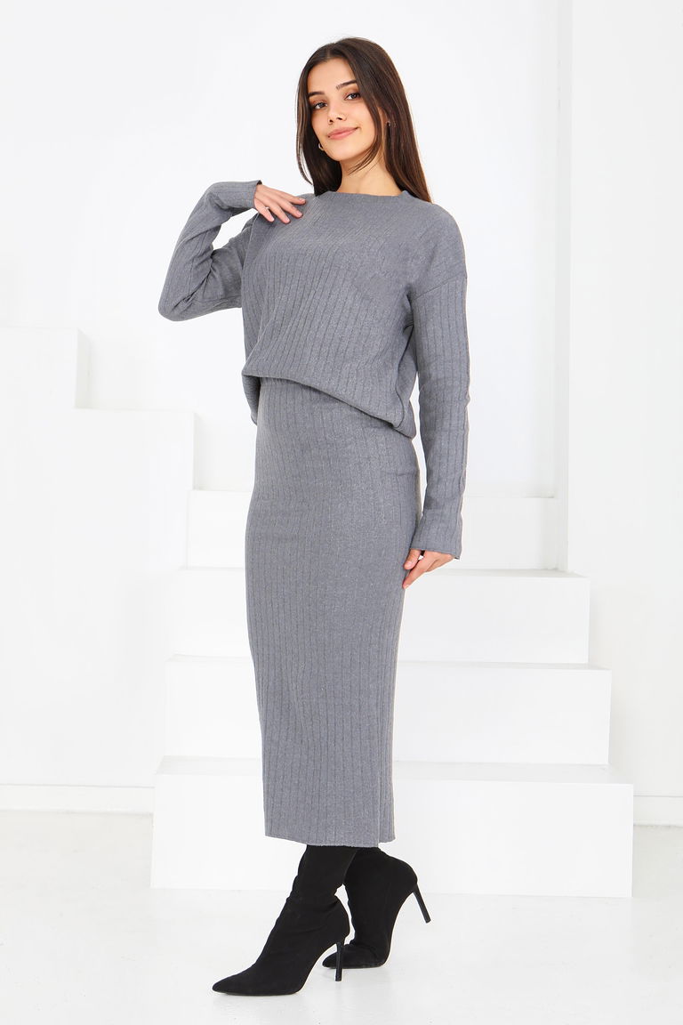 İnterlok Bluz Etekli Takım - 27814-FUME - TOFİSA