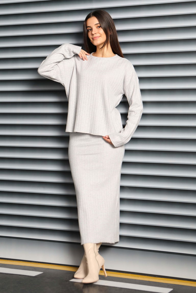 İnterlok Bluz Etekli Takım - 27814-GRI - TOFİSA