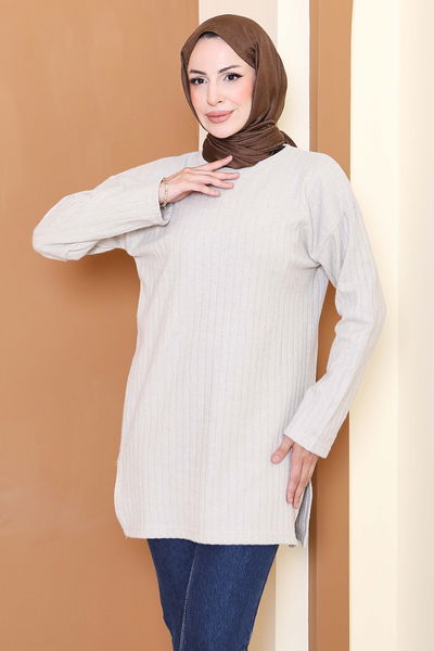 İnterlok Yırtmaçlı Tunik - 27803-BEJ 