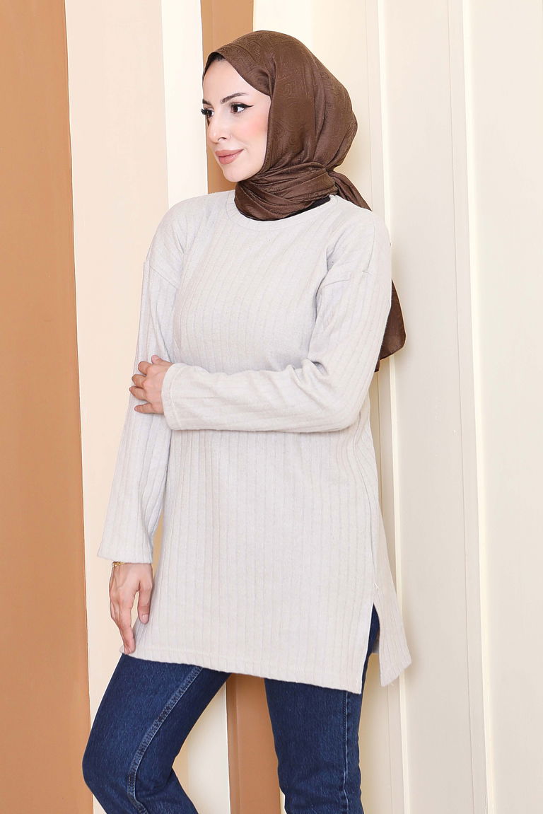İnterlok Yırtmaçlı Tunik - 27803-BEJ - TOFİSA