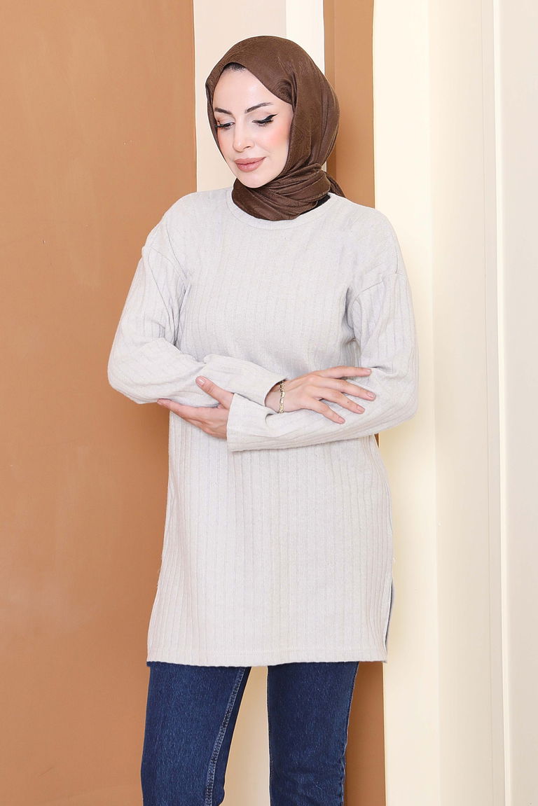 İnterlok Yırtmaçlı Tunik - 27803-BEJ - TOFİSA