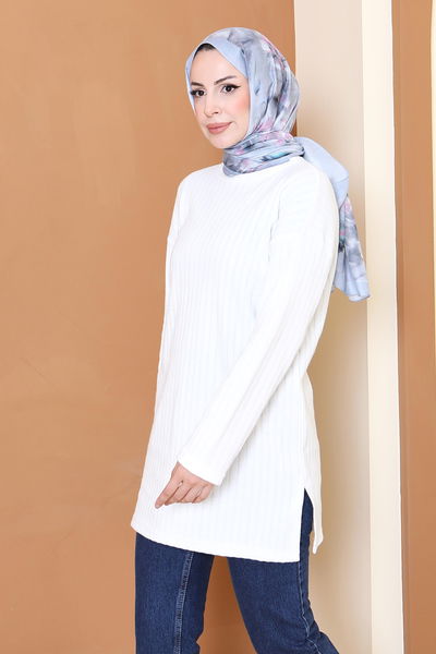 İnterlok Yırtmaçlı Tunik - 27803-BEYAZ 