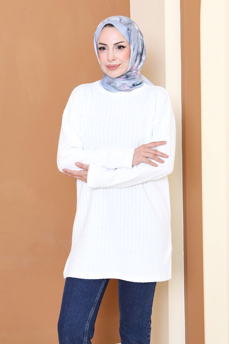 İnterlok Yırtmaçlı Tunik - 27803-BEYAZ - TOFİSA