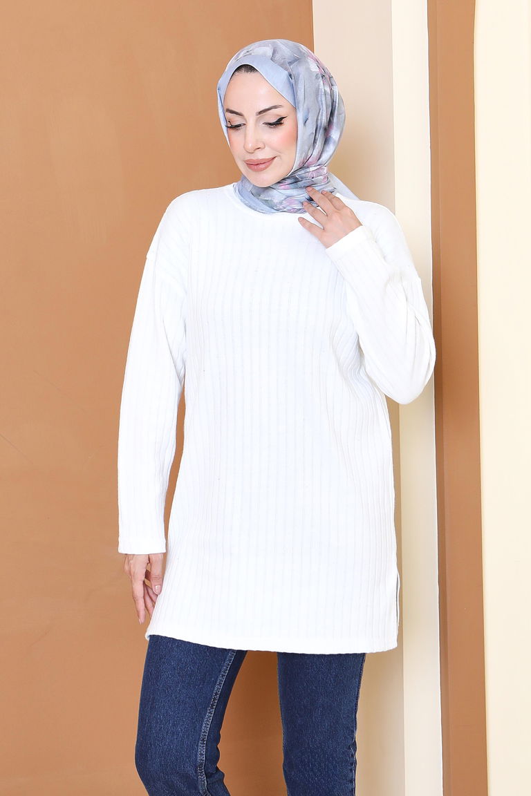 İnterlok Yırtmaçlı Tunik - 27803-BEYAZ - TOFİSA