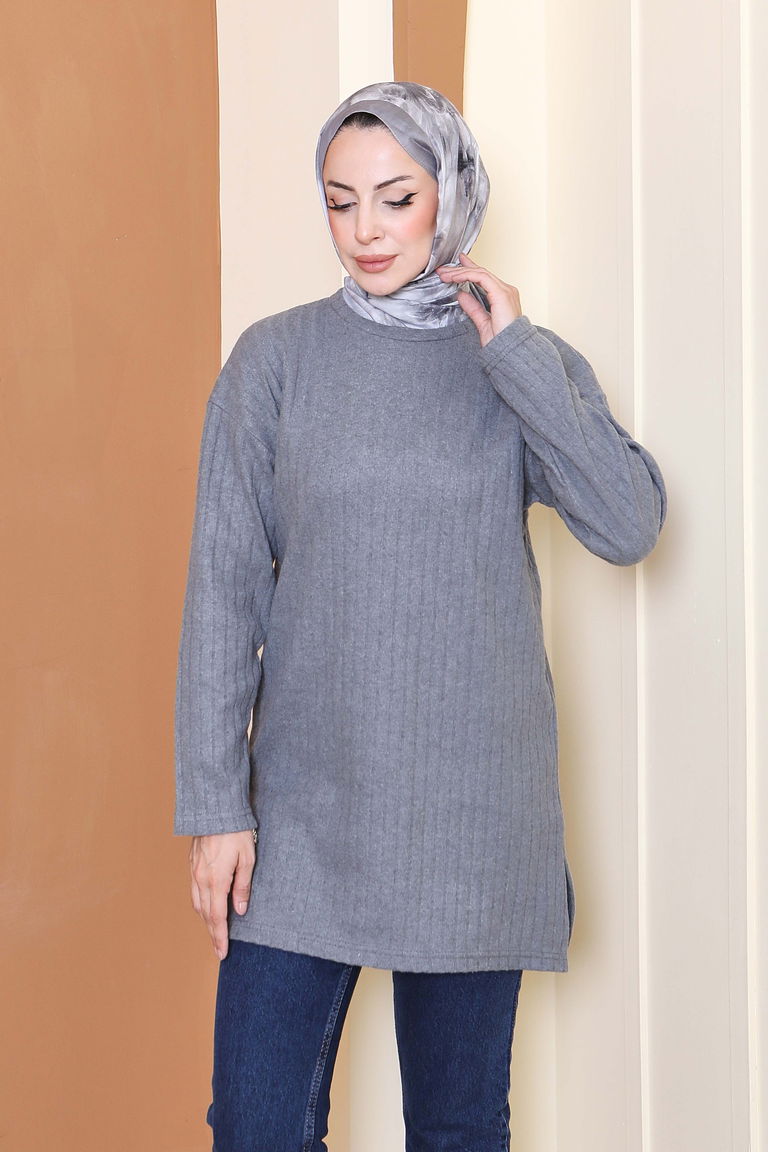 İnterlok Yırtmaçlı Tunik - 27803-FUME - TOFİSA