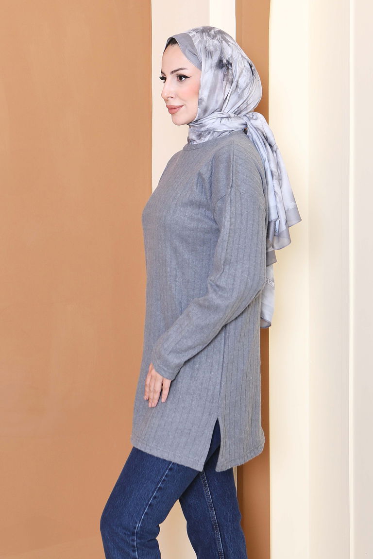 İnterlok Yırtmaçlı Tunik - 27803-FUME - TOFİSA