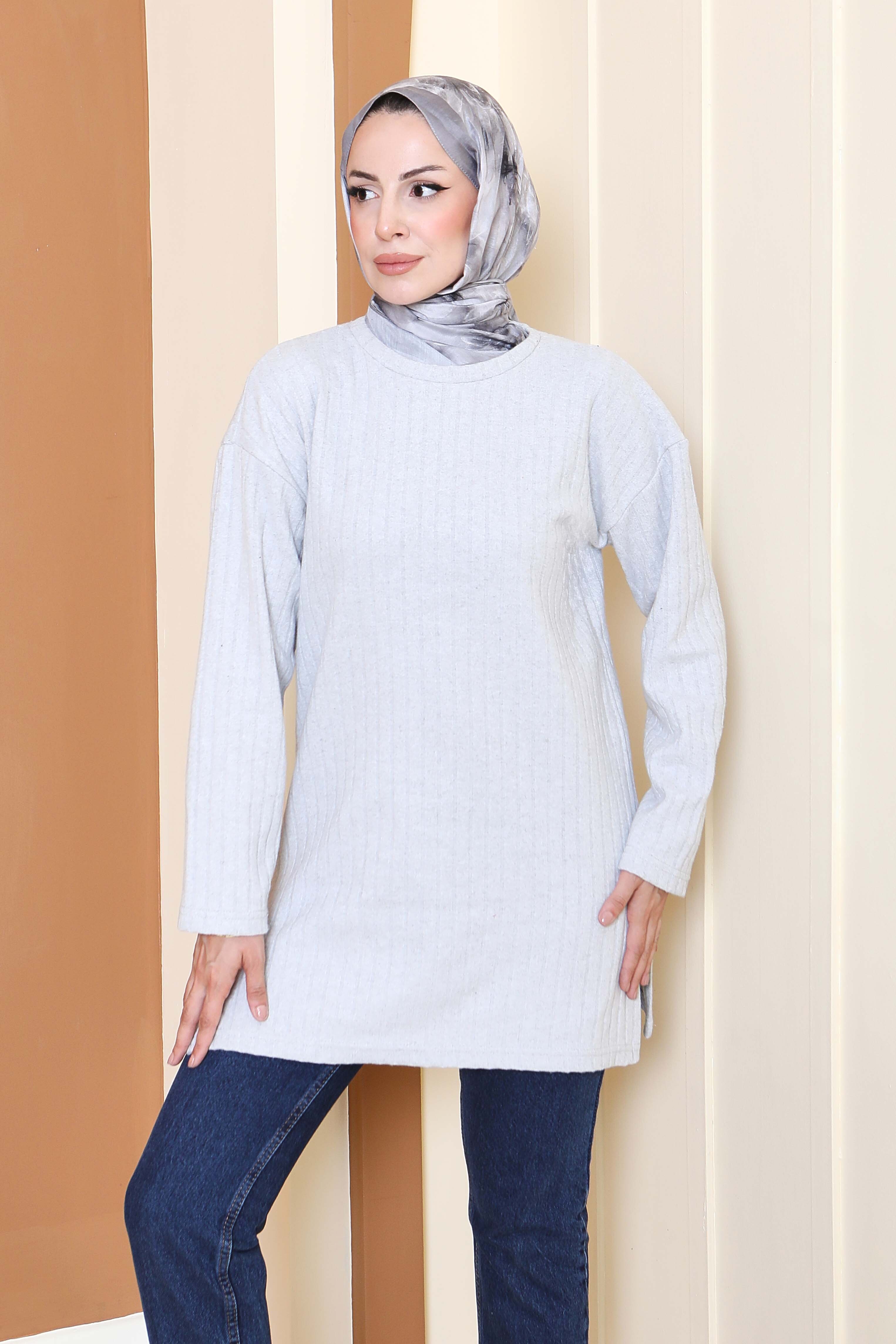 İnterlok Yırtmaçlı Tunik - 27803-GRI - 1