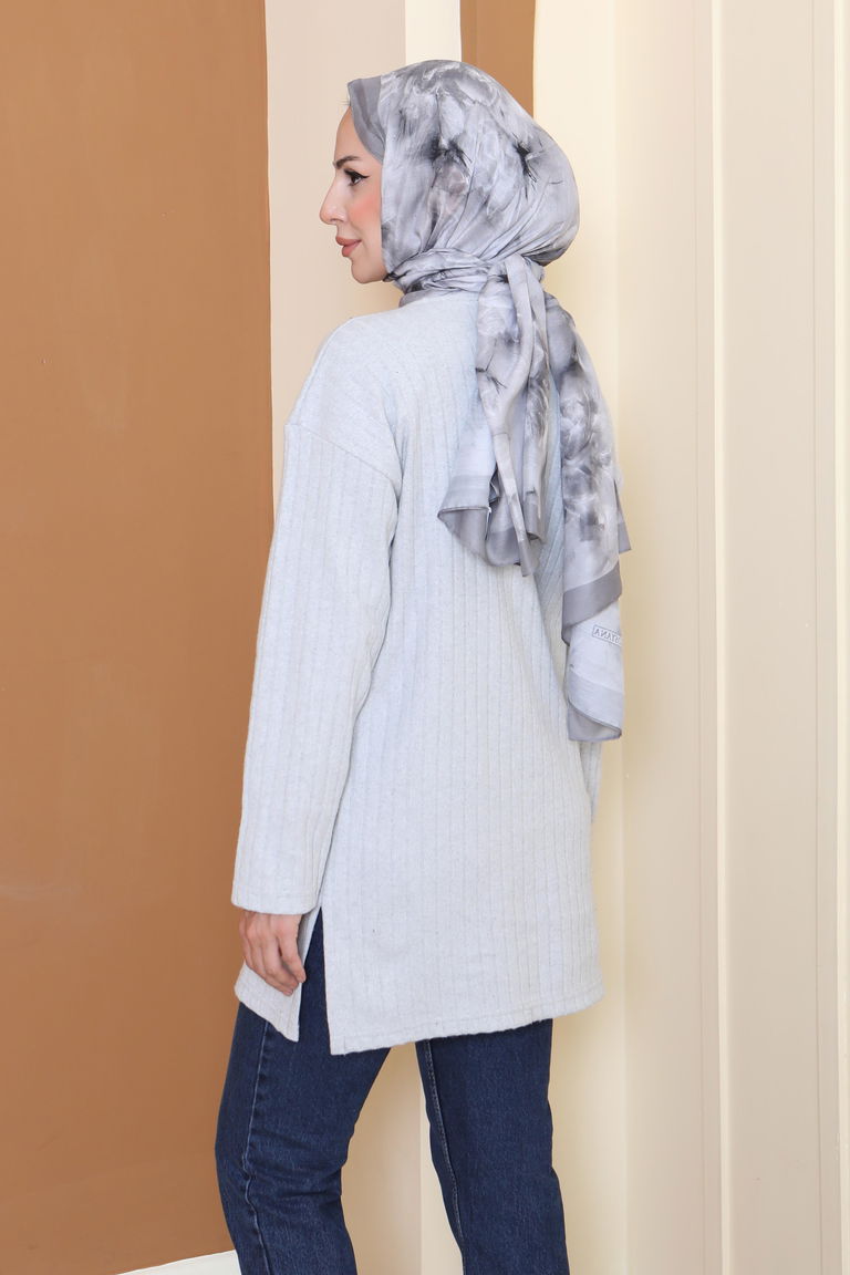 İnterlok Yırtmaçlı Tunik - 27803-GRI - TOFİSA