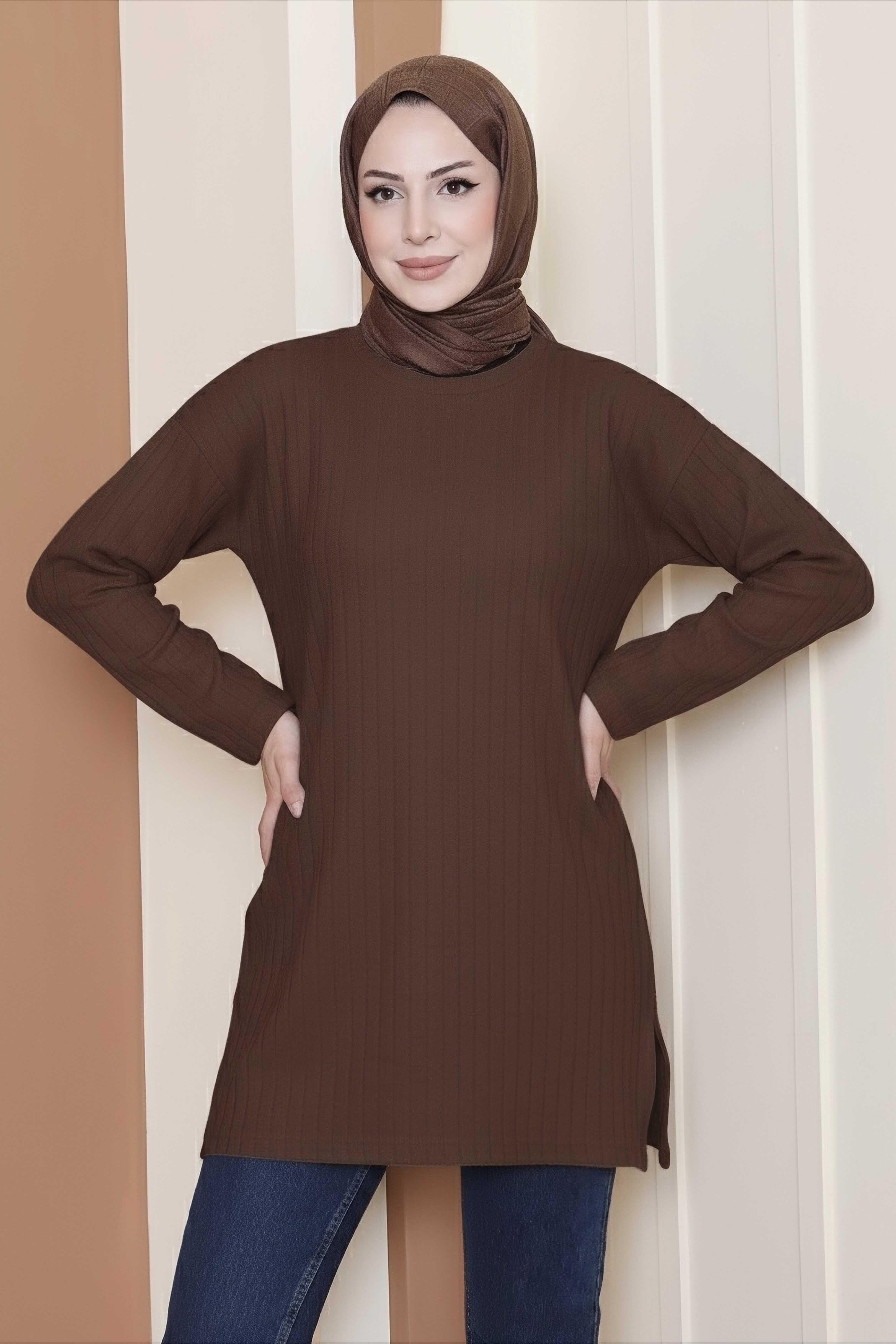 İnterlok Yırtmaçlı Tunik - 27803-KAHVE - 1