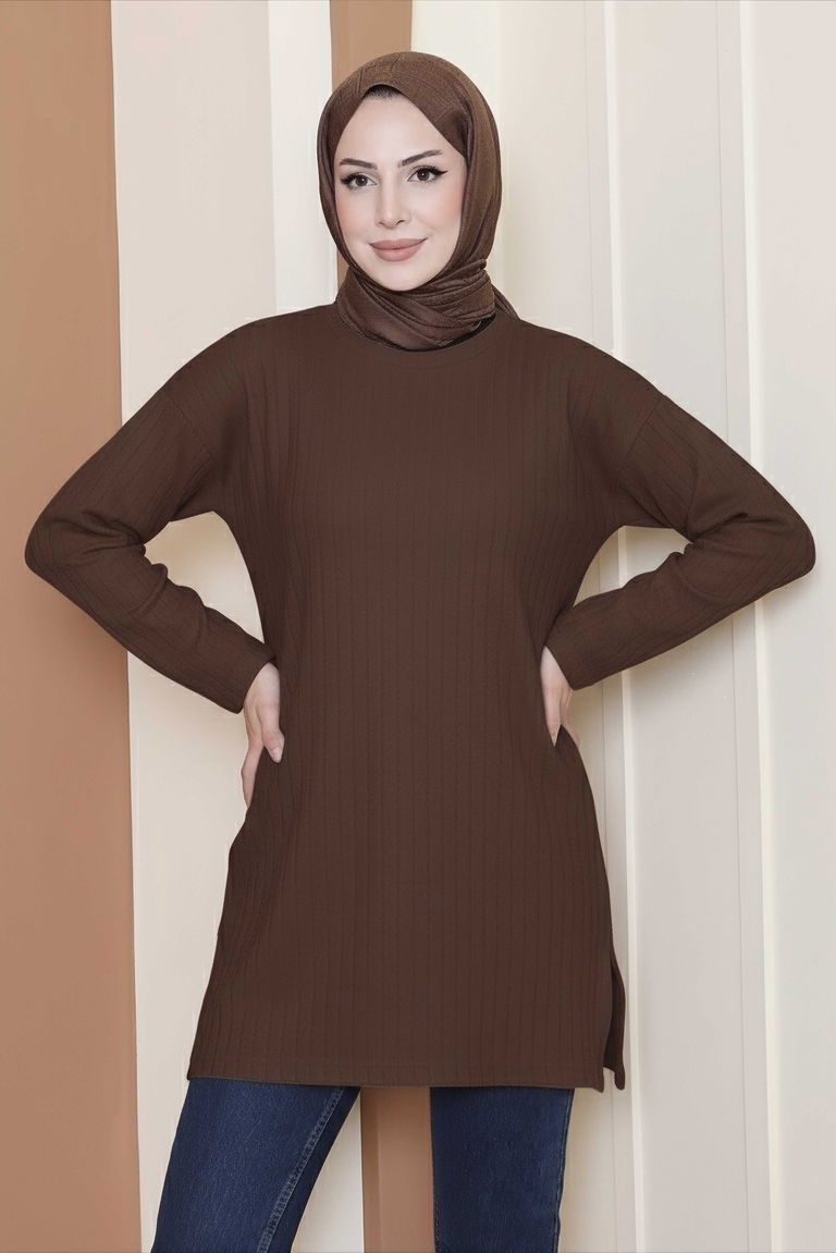 İnterlok Yırtmaçlı Tunik - 27803-KAHVE - TOFİSA