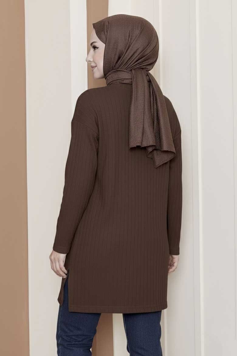 İnterlok Yırtmaçlı Tunik - 27803-KAHVE - 3