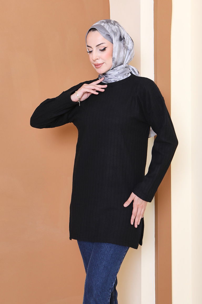 İnterlok Yırtmaçlı Tunik - 27803-SIYAH - TOFİSA
