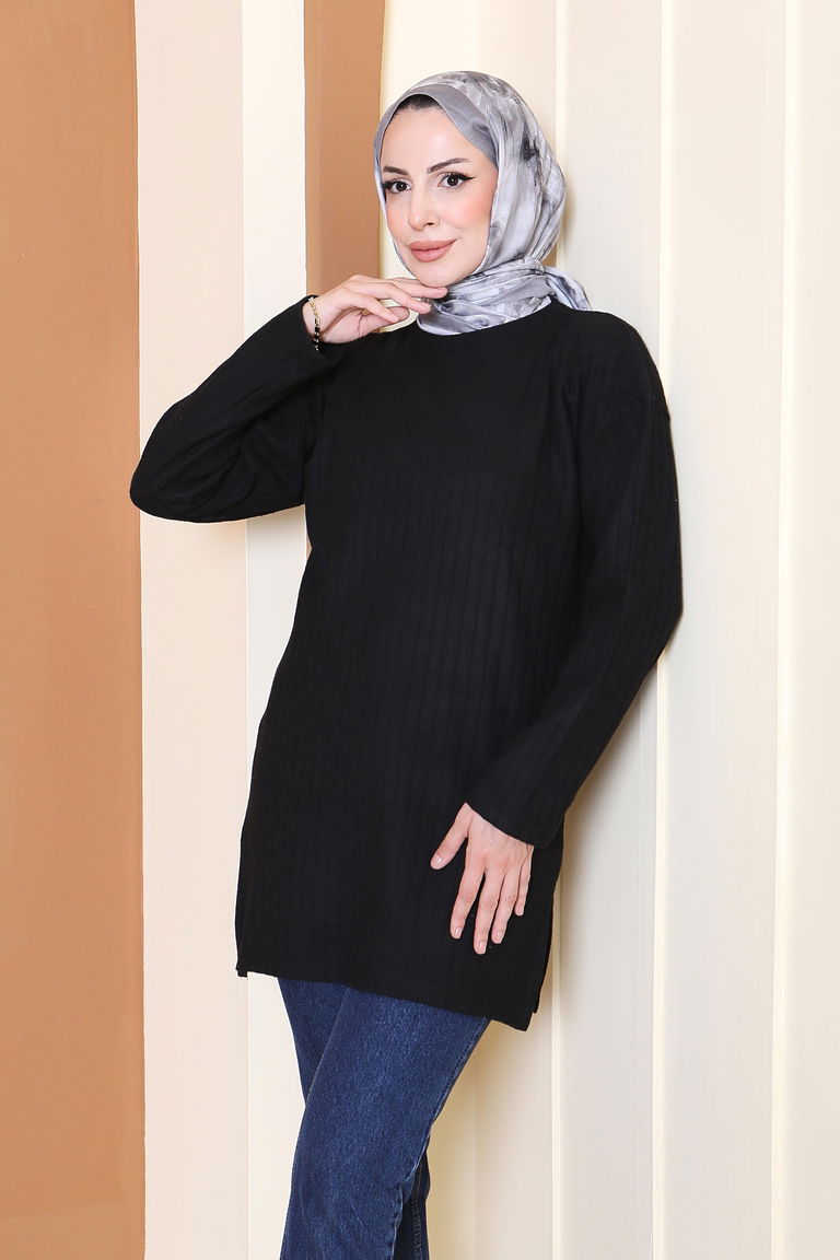 İnterlok Yırtmaçlı Tunik - 27803-SIYAH - TOFİSA
