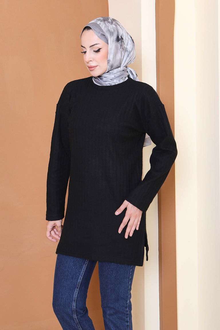 İnterlok Yırtmaçlı Tunik - 27803-SIYAH - TOFİSA