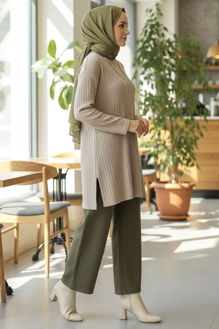 İnterlok Yırtmaçlı Tunik - 27994-BEJ - 1