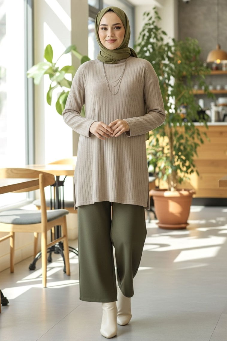 İnterlok Yırtmaçlı Tunik - 27994-BEJ - TOFİSA