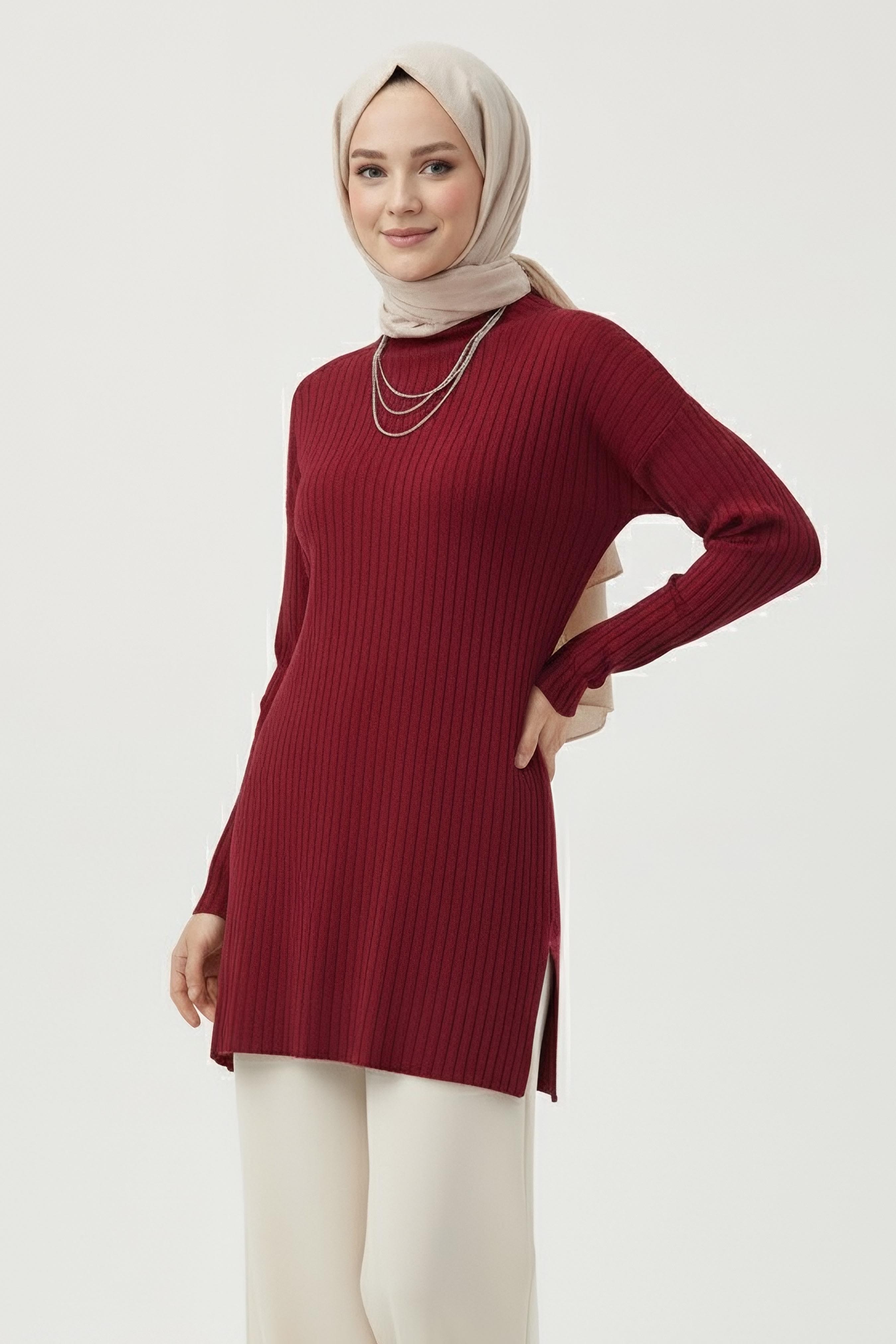 İnterlok Yırtmaçlı Tunik - 27994-BORDO - 1