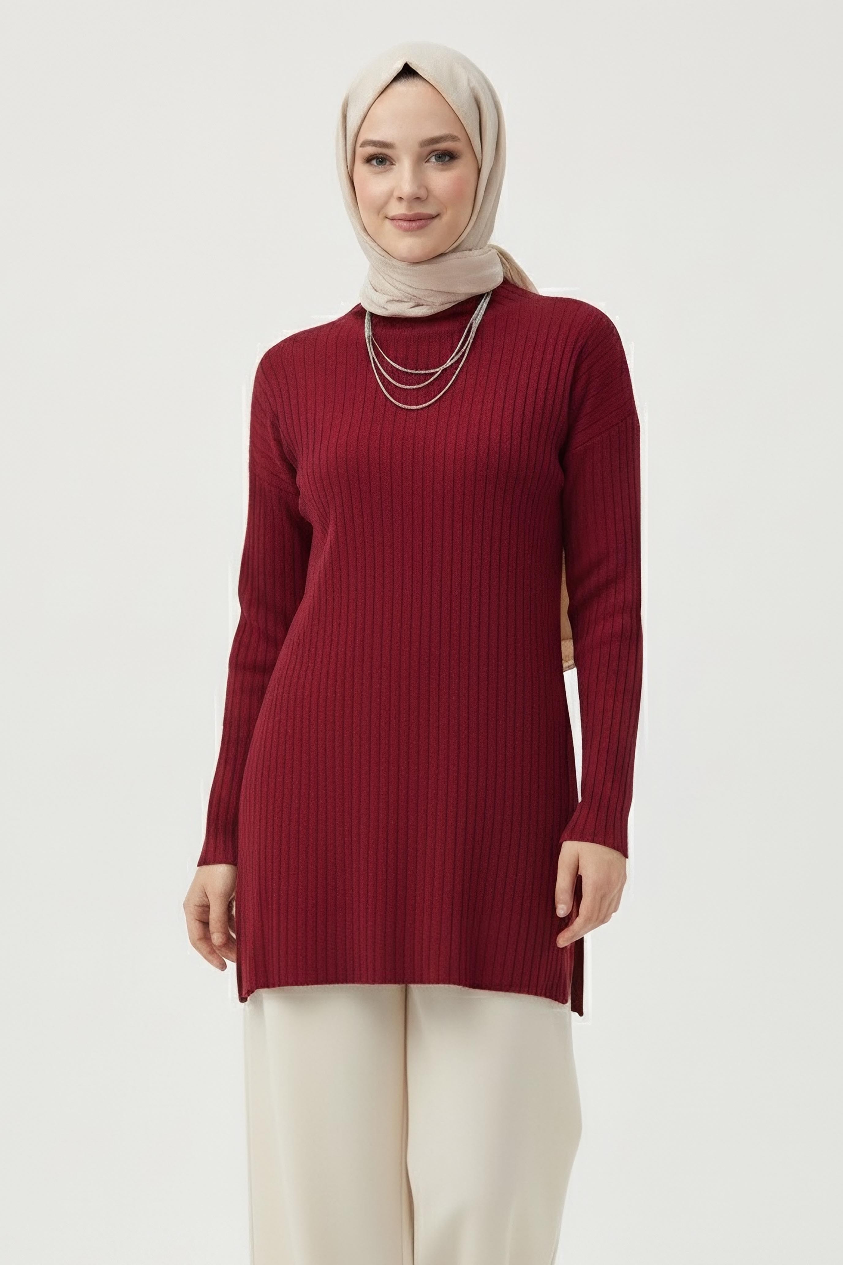 İnterlok Yırtmaçlı Tunik - 27994-BORDO - 2