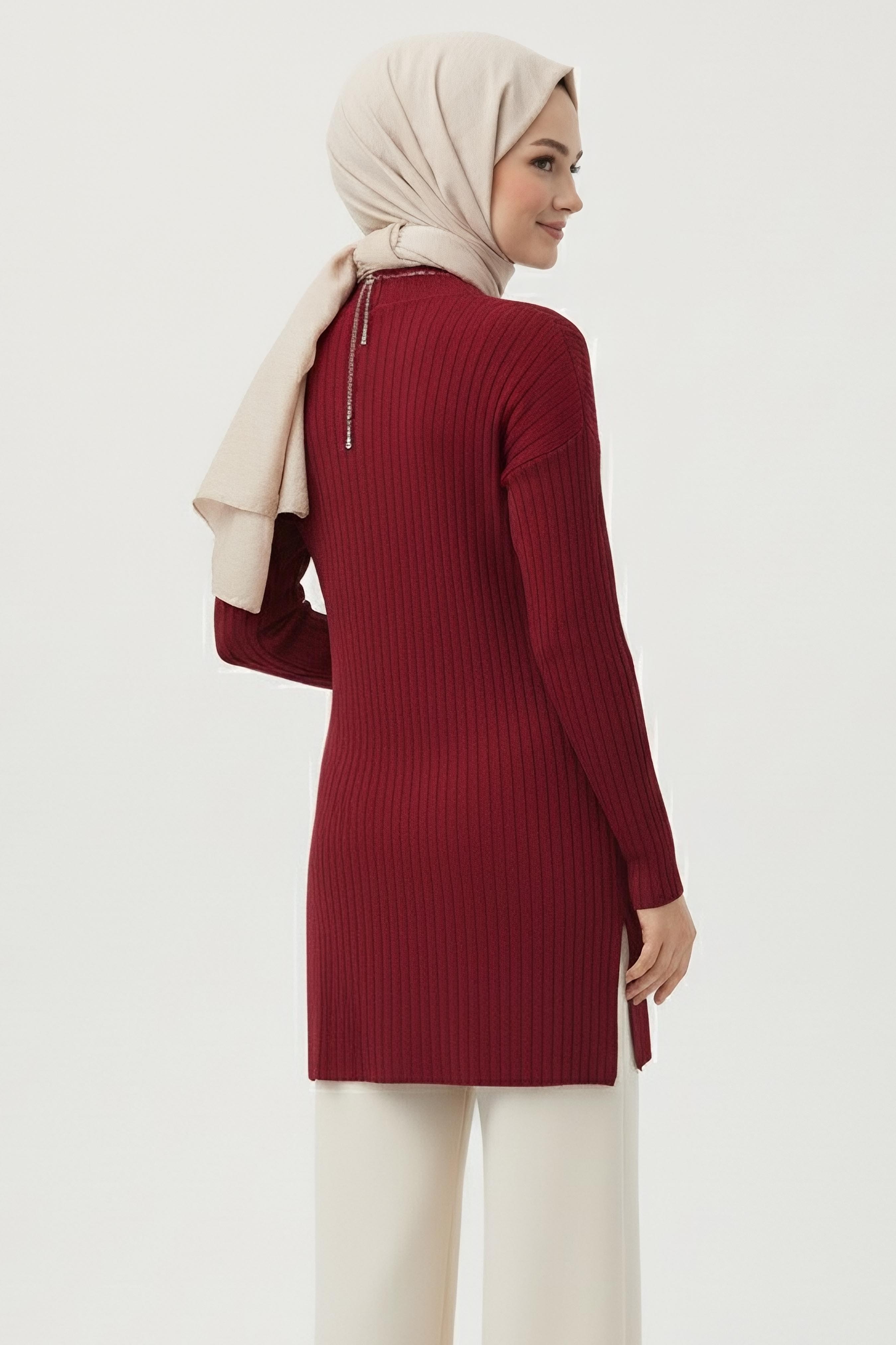 İnterlok Yırtmaçlı Tunik - 27994-BORDO - 3