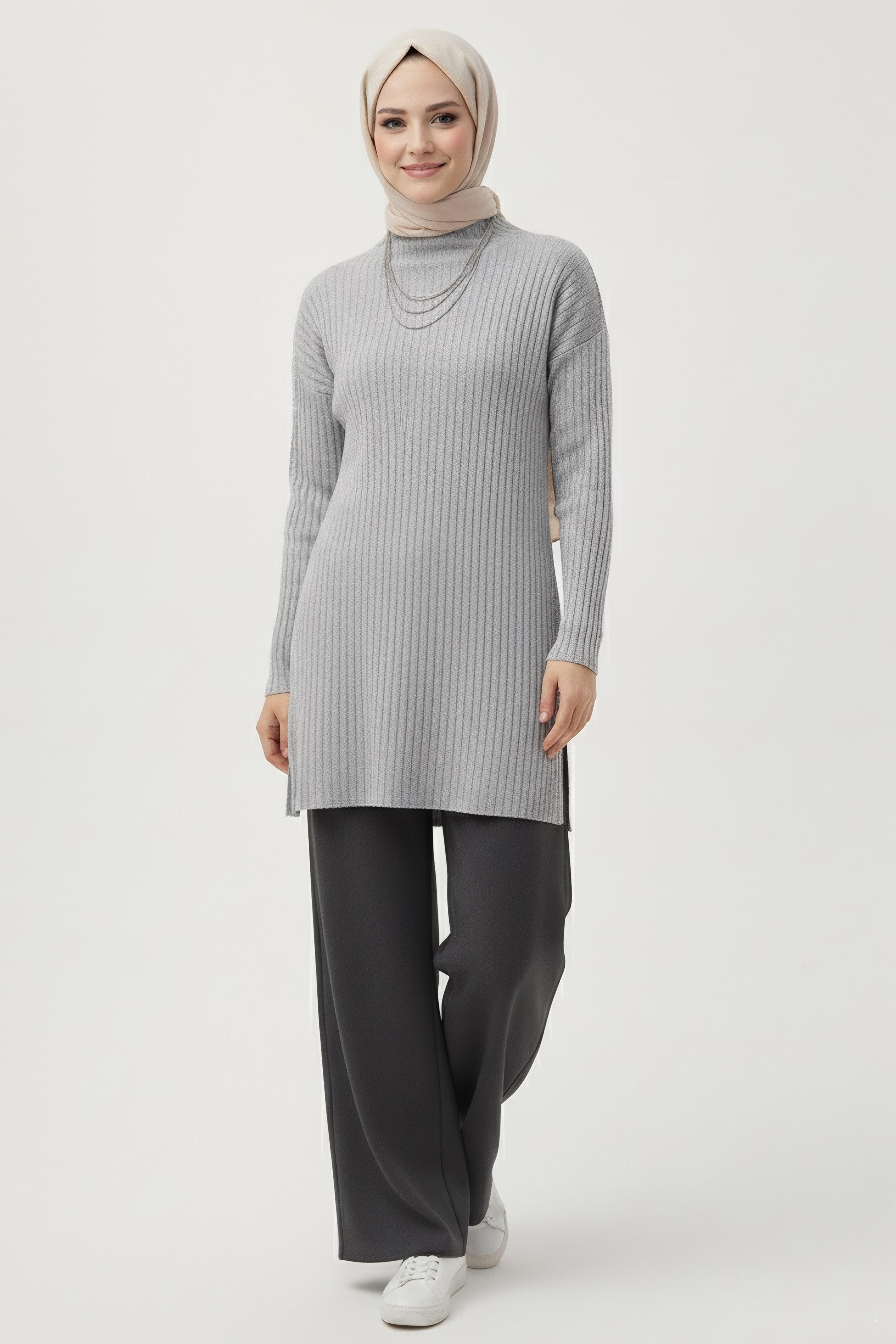 İnterlok Yırtmaçlı Tunik - 27994-GRI - 1