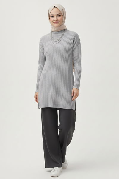İnterlok Yırtmaçlı Tunik - 27994-GRI 