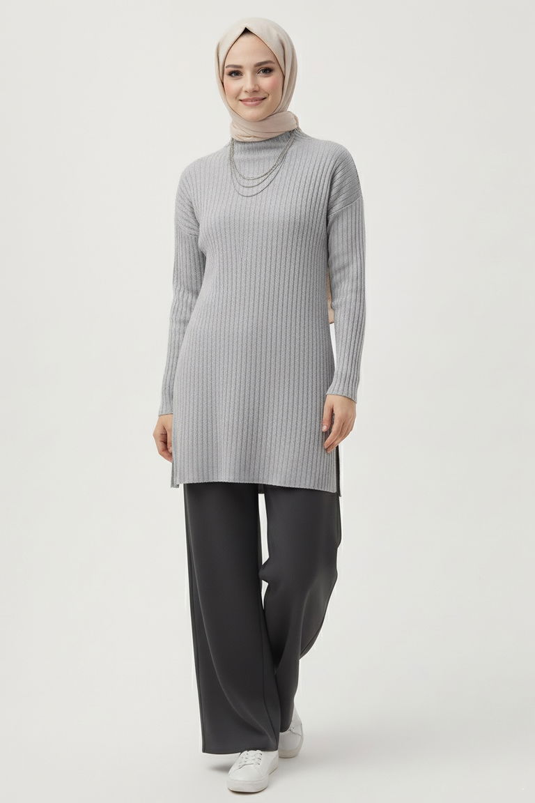 İnterlok Yırtmaçlı Tunik - 27994-GRI - TOFİSA