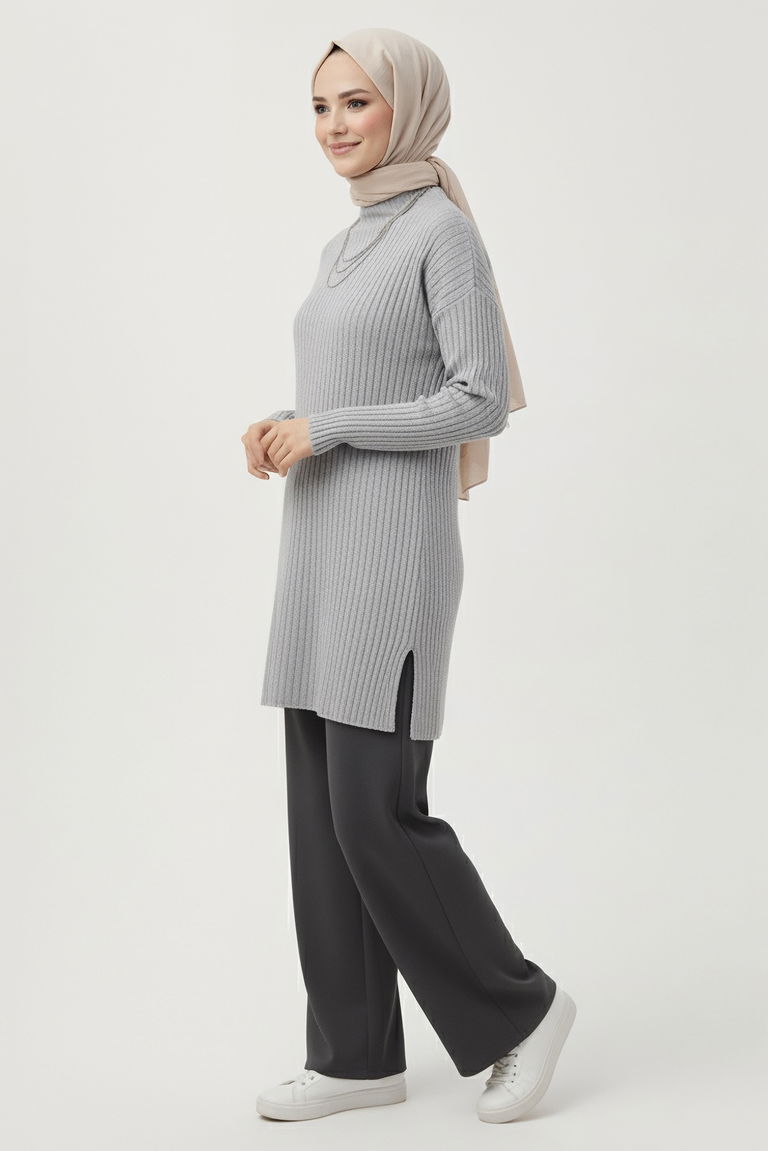 İnterlok Yırtmaçlı Tunik - 27994-GRI - TOFİSA