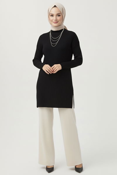 İnterlok Yırtmaçlı Tunik - 27994-SIYAH 