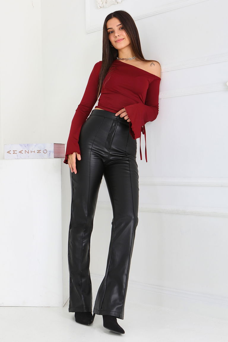 İspanyol Paça Suni Deri Pantolon - 27860-SIYAH - TOFİSA