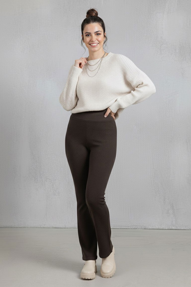 İspanyol Paça Yüksek Bel Raporlu Tayt - 27980-KAHVE - TOFİSA