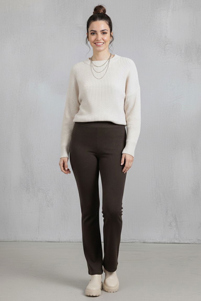 İspanyol Paça Yüksek Bel Raporlu Tayt - 27980-KAHVE - TOFİSA