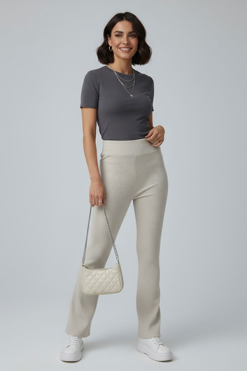 İspanyol Paça Yüksek Bel Raporlu Tayt - 27980-KREM - 1