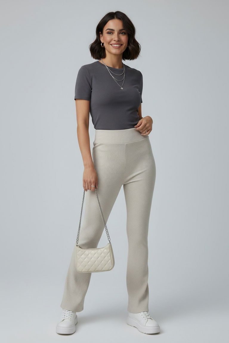 İspanyol Paça Yüksek Bel Raporlu Tayt - 27980-KREM - TOFİSA