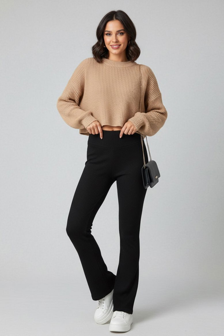 İspanyol Paça Yüksek Bel Raporlu Tayt - 27980-SIYAH - 1