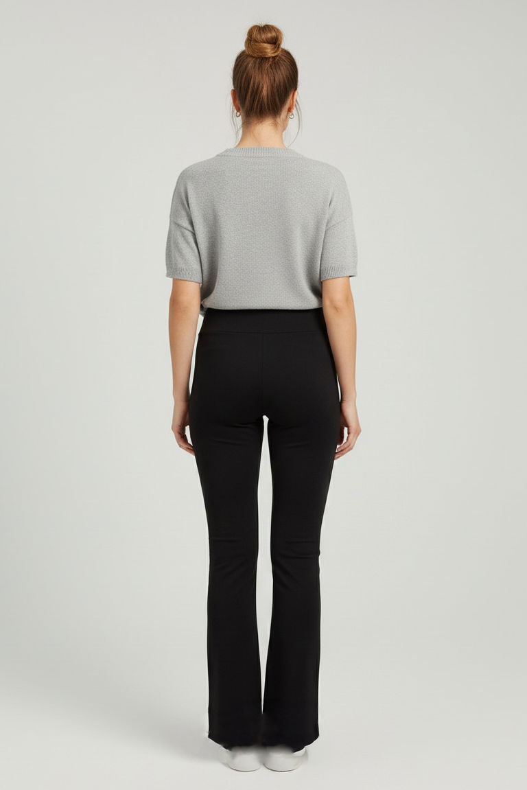 İspanyol Paça Yüksek Bel Şardonlı Ribana Tayt - 27979-SIYAH - TOFİSA