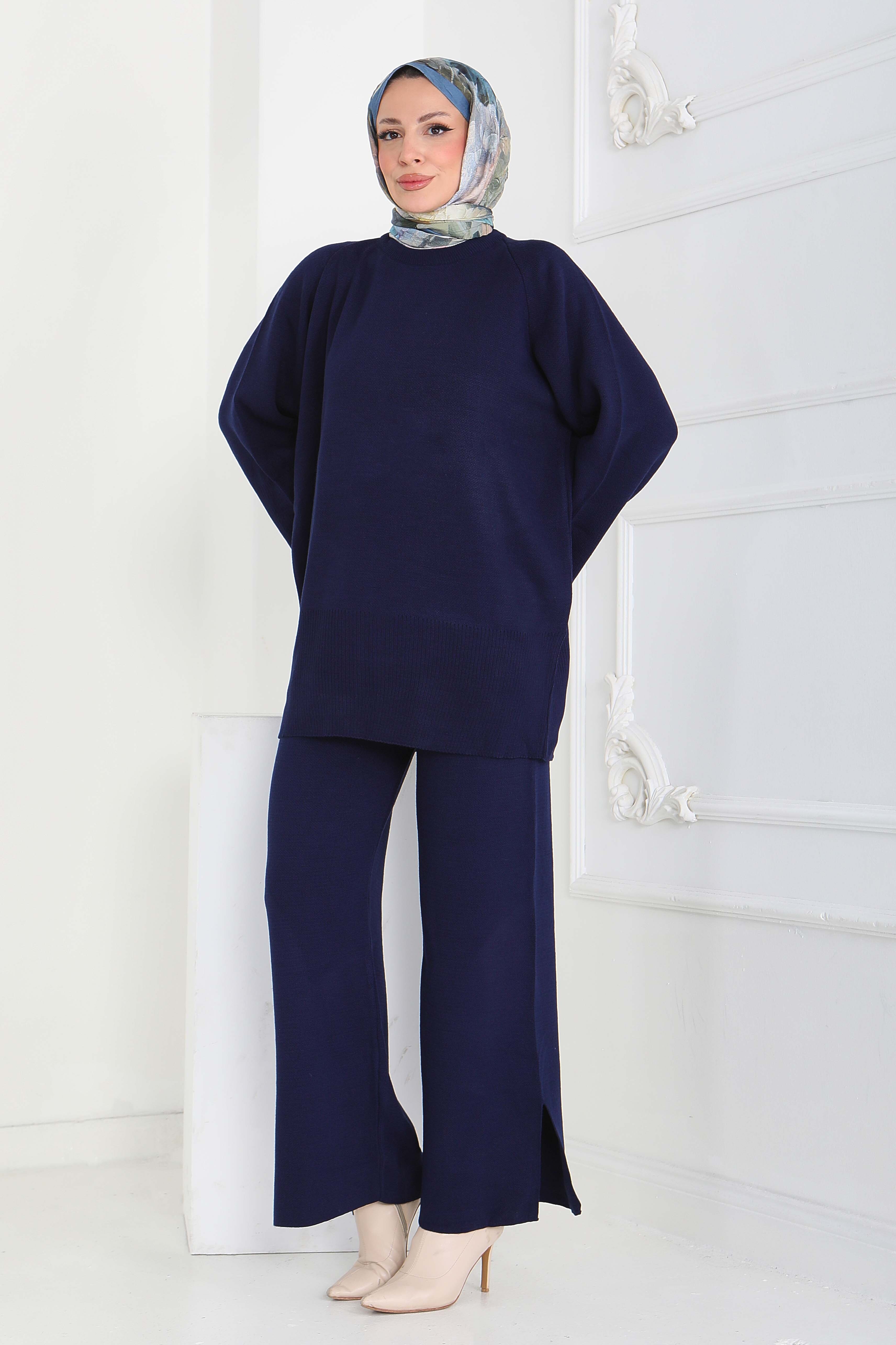 İtalyan Kollu Triiko Takım - 27933-LACIVERT - 2