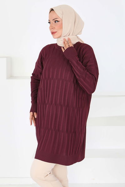 Janjanlı Triko Tunik - 27797-BORDO 